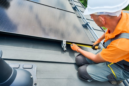 Worker building solar panel system on rooftop of house for generating electricity through photovoltaic effect. Close up man using ruler to measure mounting equipment for precise installation.の写真素材