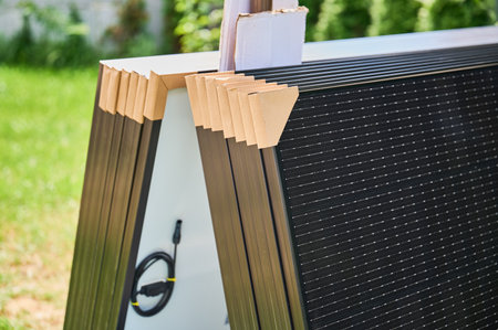 Close-up new solar panels with protective cardboard corners, ready for installation. Renewable...