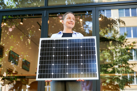 Woman holding solar panel for charging, stands outdoors, smiling in urban setting. Concept of green...