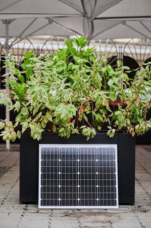 Photovoltaic solar panel at large planter filled with vibrant green foliage, set on paved area under canopy. Urban setting emphasizes integration of green energy solutions within modern cityscapes.の写真素材