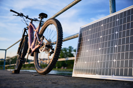 Focus on solar panel against backdrop of blue sky and distant trees. Pink electric mountain bike parked by lakeside railing, connected to solar panel for charging.の写真素材