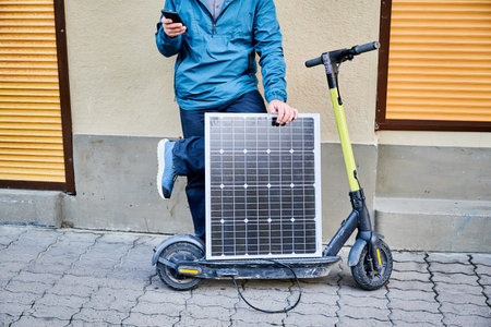 Cropped view of male person holds solar panel, for charging electric scooter, using smartphone....