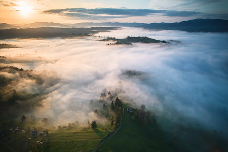 Aerial view of breathtaking sunrise over misty landscape with rolling hills and verdant fields. Soft light pierces through fog, casting long shadows and illuminating trees, creating magical scene.の写真素材