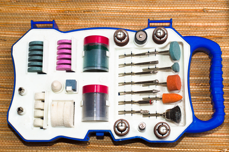 tips for carver in box. top view. tools for work with metal.の写真素材