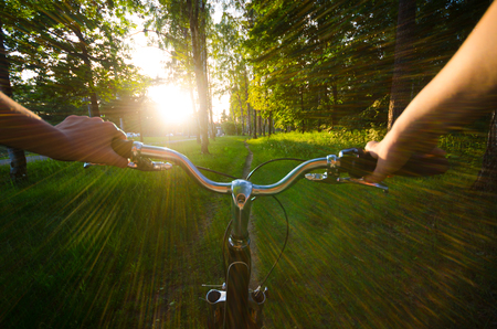 Eye view when girl ride by bycicle in park to sunset. Summer landscape. Sun goes down.の写真素材