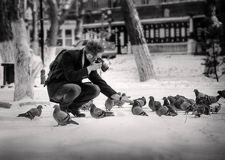 Photographer taking pigeon photo in the park BWの写真素材