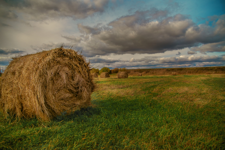 hay stack in a summer fieldhay stack in a summer field. Beautiful landscape with storm cloudsの写真素材