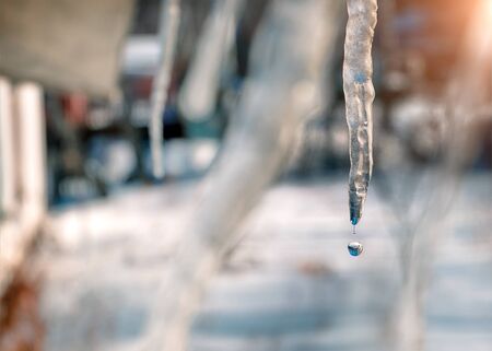 beautiful icicles with water droplet glint in the sunriseの写真素材