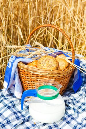 Bread in a wicker basket and milk jugの写真素材