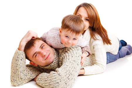 Mom, dad and cute kid making a family photoの写真素材