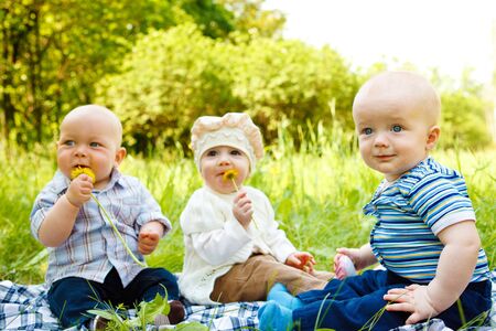 Three babies in the spring parkの写真素材