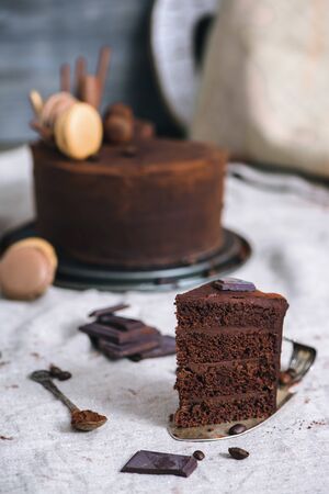 Handmade chocolate cake, coffee beans and cocoa の写真素材