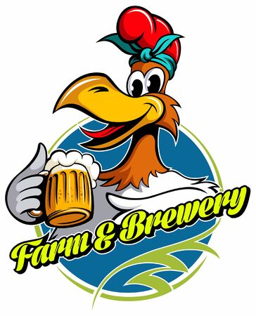 Cartoon style chicken with the beer mug, vector image.のイラスト素材