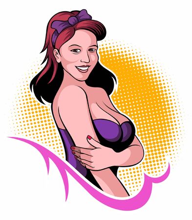Comic book style, pop art style, smiling woman with ornament, vector portrait image.のイラスト素材
