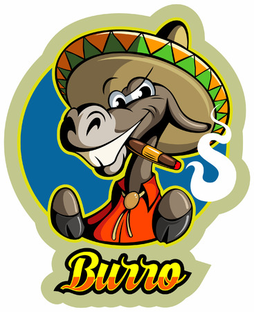 Cartoon style donkey character with the cigar and sombrero, vector illustration.のイラスト素材