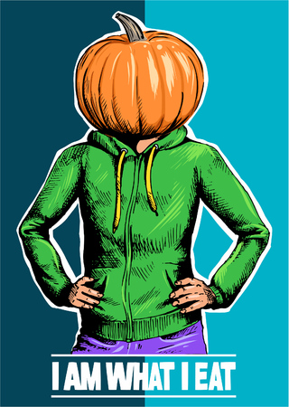 I am what i eat. Man with the pumpkin head. Vector illustration, vector poster.のイラスト素材