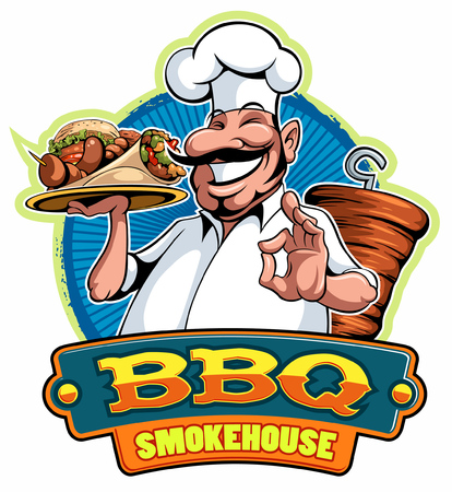 A cartoon smiled mustached cook chef character holding a kebab and grilled meat and doing a perfect gesture, vector cartoon character.のイラスト素材
