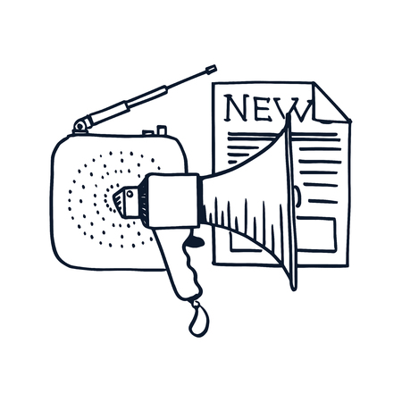 Icon of promotion process elements. Hand drawn doodles illustration isolated on white background.のイラスト素材