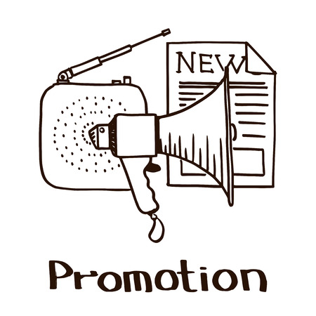 Titled Icon of promotion process elements. Hand drawn doodles  illustration isolated on white background.のイラスト素材