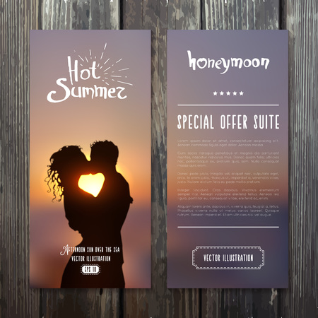 Vertical banners template with silhouette of a couple in love kissing against a blue and yellow sunset sky blurred background.のイラスト素材