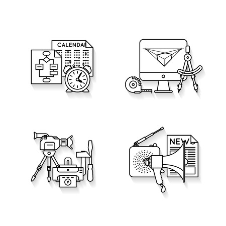 Images set with different process elements of marketing and advertising such as planning, design, production and promotion.のイラスト素材