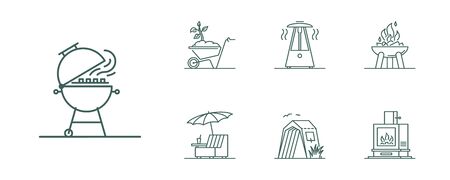 Line style barbecue icons set. Minimal illustration for designation of outdoor grill, bbq and heating devices and furniture.のイラスト素材