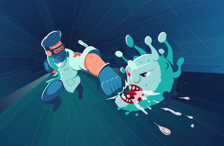 A brave doctor in uniform strikes a hard blow to the jaw of a viral monster