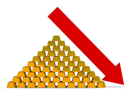 Pile of gold ingots with an arrow. Recession of the price for gold.の写真素材