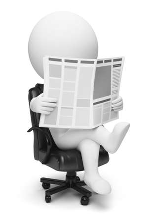 3d small people reading the newspaper sitting in a working armchair. 3d image. Isolated white background.の写真素材