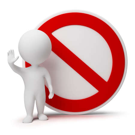 3d small people standing near to an interdiction sign. 3d image. Isolated white background.の写真素材