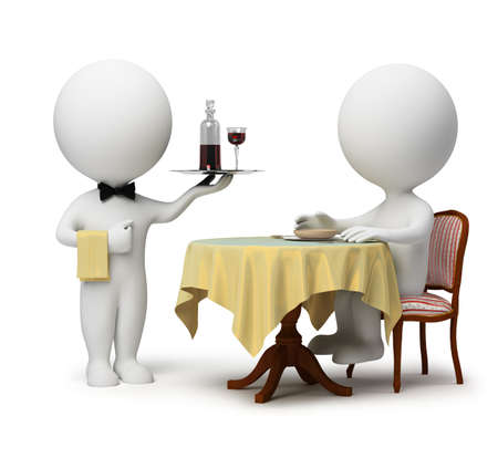 3d small people - client sitting at a table and the waiter with a tray. 3d image. Isolated white background.の写真素材