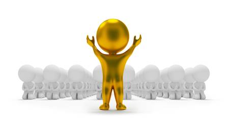 3d small people worshipping to a gold idol. 3d image. Isolated white background.の写真素材