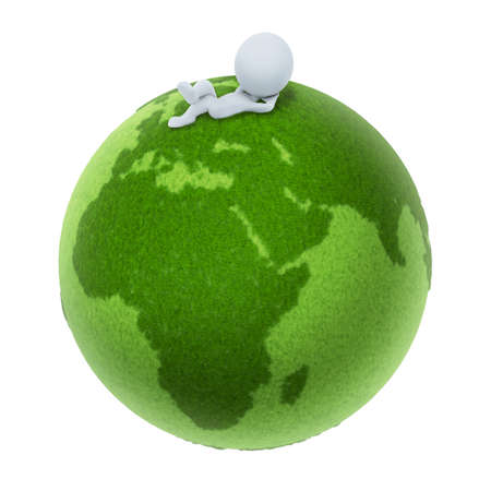 3d small people lying on a green planet. 3d image. Isolated white background.の写真素材