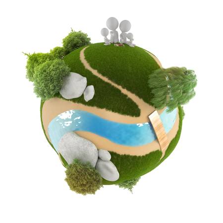 3d small people on the picnic, sitting on a planet. 3d image. Isolated white background.の写真素材