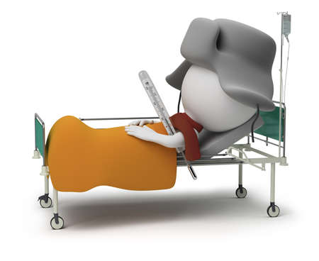 3d small people - patient lying in bed with a thermometer and in a cap. 3d image. Isolated white background.の写真素材
