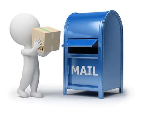 3d small person mailing a package. 3d image. Isolated white background.の写真素材