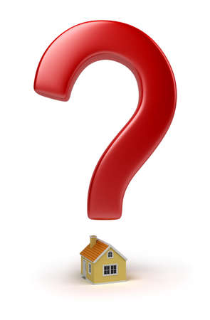 Red sign on a question over the house. 3d image. Isolated white background.の写真素材