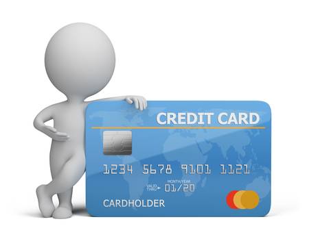 3d small person standing next to a credit card. 3d image. Isolated white background.の写真素材