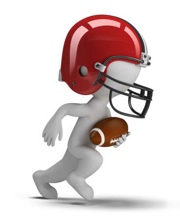 3d small person - american football player running with ball. 3d image. Isolated white background.の写真素材