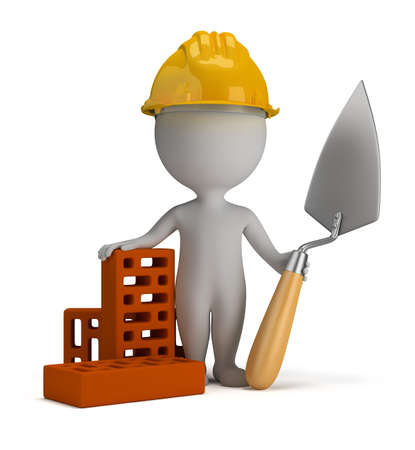 3d small person - builder in the helmet with a shovel and bricks  3d image  Isolated white background の写真素材