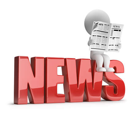 3d small person reading a newspaper on the inscription news. 3d image. White background.の写真素材