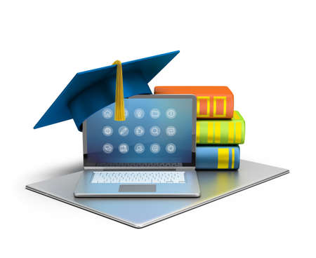 3d image. Laptop, hat and books. The concept of computer education. Isolated white background.の写真素材