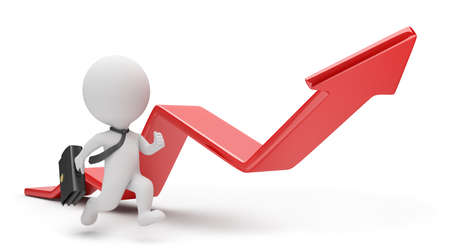 3d small person - businessman running for a red arrow graph. 3d image. White background.の写真素材