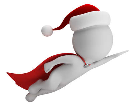 3d small person - flying Super Santa. 3d image. White background.の写真素材