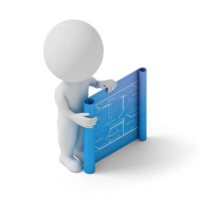 Isometric person with a blueprint. 3d image. White background.の写真素材