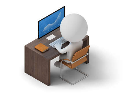 Isometric person sitting at his workplace. 3d image. White background.の写真素材