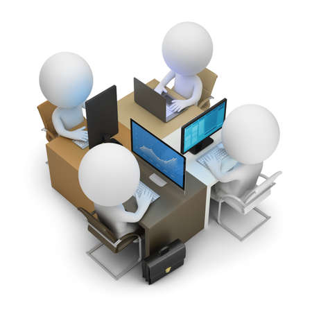 3d small people - development team of four work places. 3d image. White background.の写真素材