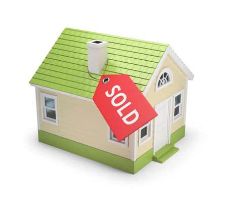 House with the label "sold". 3d image. Isolated white background.の写真素材