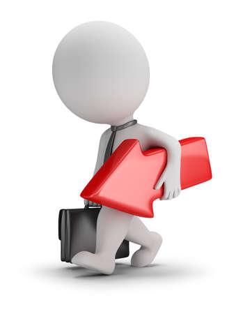 3d small businessman comes with a red arrow in hands. 3d image. White background.の写真素材