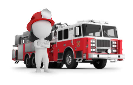 3d small fireman on a background of fire truck. 3d image. White background.の写真素材